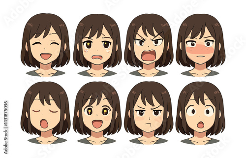 Anime emotions icons set: expressive female characters in flat style. Vector icons