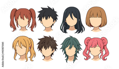 Anime hairstyle icons set: diverse styles in flat design for creative projects. Vector icons