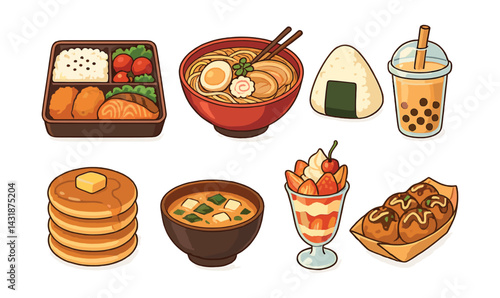 Delight in anime food icons: explore diverse japanese dishes in . Vector icons
