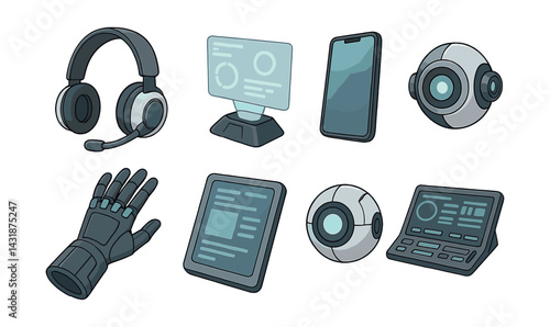 Futuristic tech icons set: headset, hologram, smartphone, robotics glove, tablet, drone, control panel. Vector icons