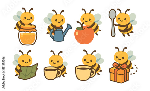 Charming bee icon set: cute illustrations featuring honey, gardening, and gifts. Vector icons