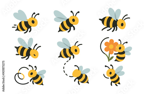 Whimsical bee icons set – with 8 unique bee illustrations. Vector icons