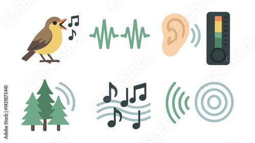 Songbirds and sound waves: a luminous flat icon set featuring nature's melody. Vector icons