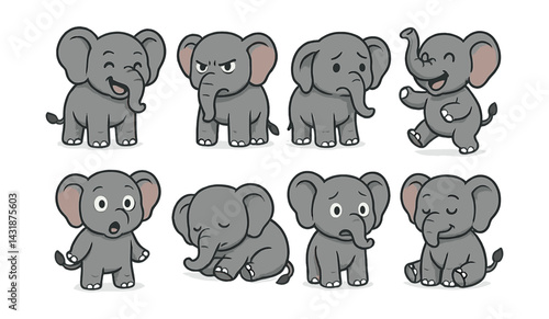 Adorable elephant emotions icon set: expressive and playful designs for creative projects. Vector icons