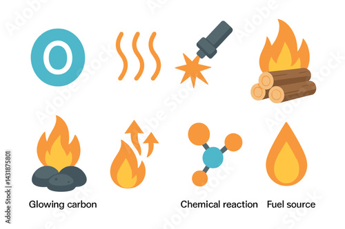 Essential combustion process icons set: glowing carbon, flames, chemical reaction elements. Vector icons