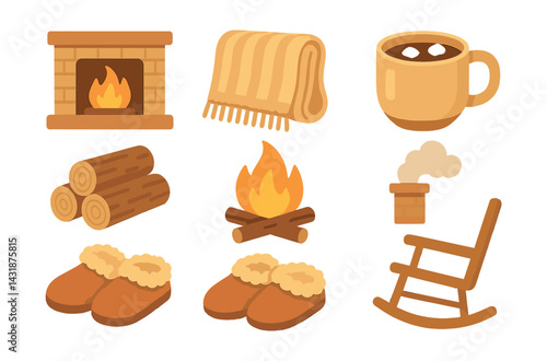 Cozy fireplace ambience icons set: warmth and comfort in flat design. Vector icons