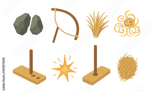Primitive fire tools icons set - featuring bow drill, flint, tinder, and more. Vector icons