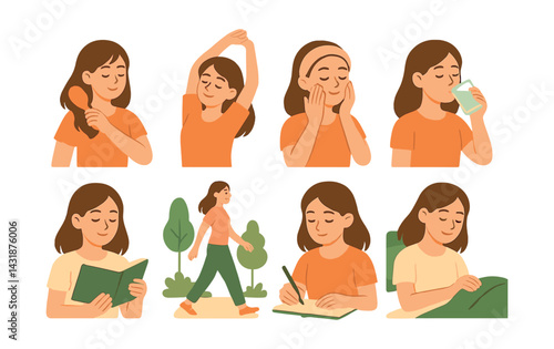 Charming daily routine icons set: morning to evening activities in flat style. Vector icons