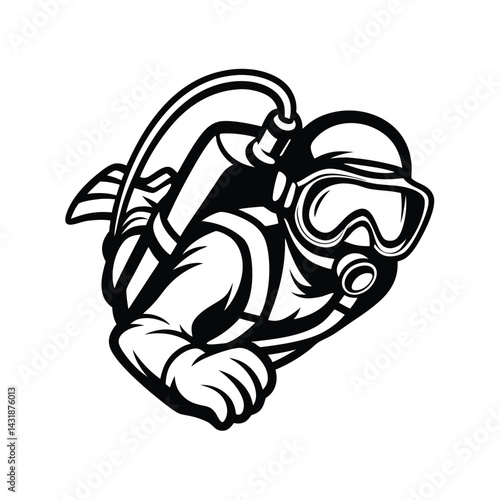 Diver Outline Isolated Black and White Silhouette of a Scuba Diver Underwater