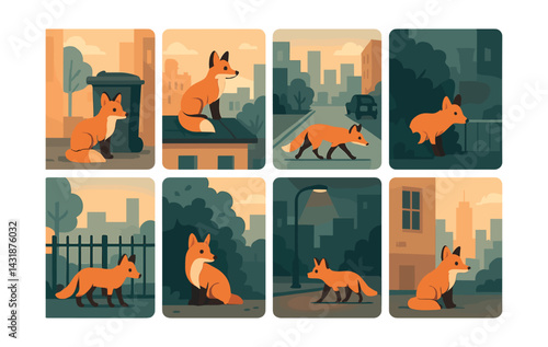 Urban fox adventures: icon set featuring foxes in city scenes. Vector icons