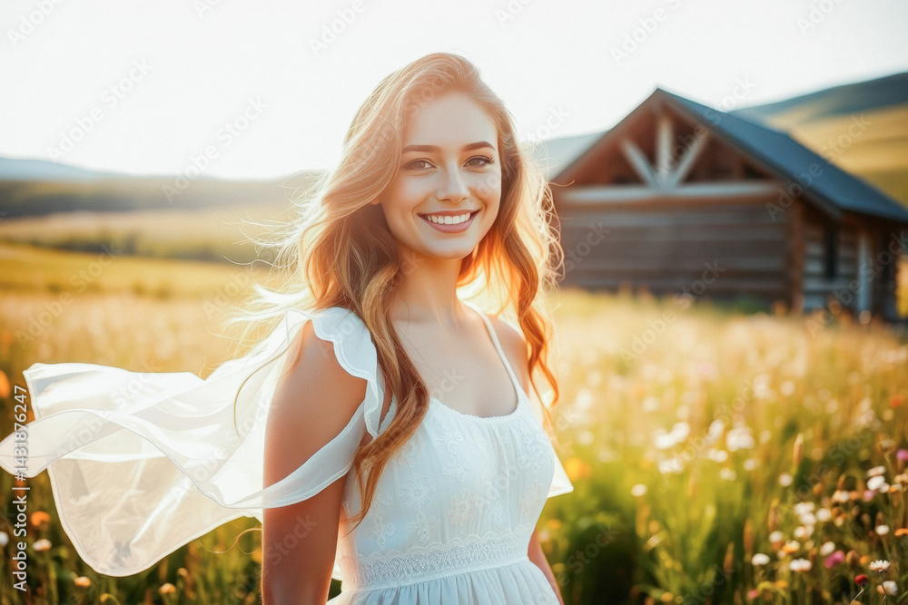 Smiling Woman in a White Dress in a Field