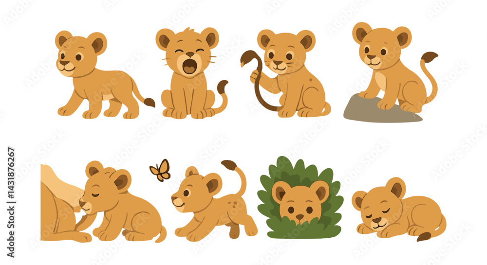 Playful lion cubs icon set: charming flat style animal designs for various applications. Vector icons Playful lion cubs icon set: charming flat style animal designs for various applications. Vector icons
