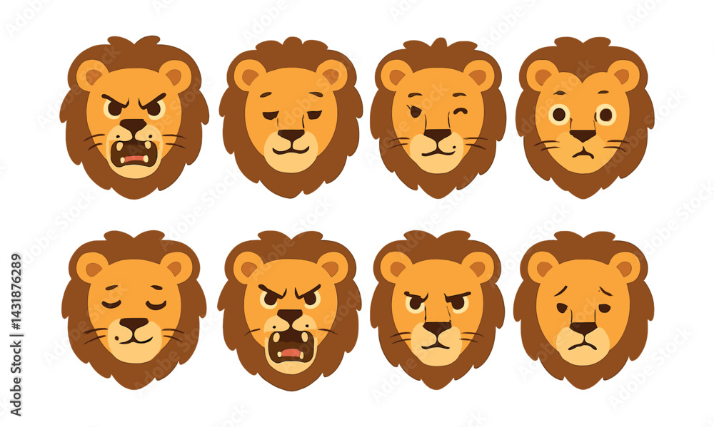 Obraz premium Lion emotions icons set: expressive faces in for creative projects. Vector icons