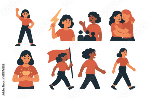 Empowered women icons set: celebrating strength, unity, and positivity in flat style. Vector icons