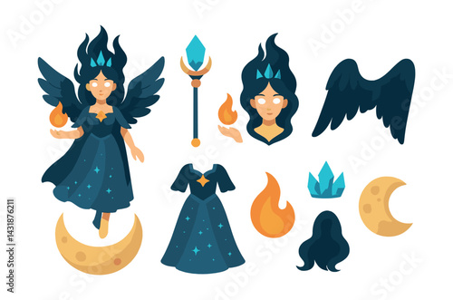Mystical icon set: winged sorceress and moon | flat style design. Vector icons