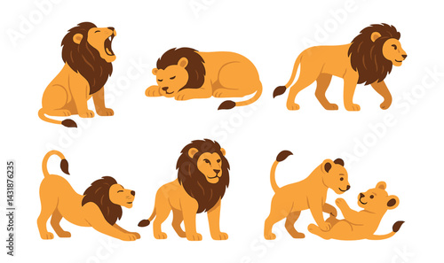 Lion behavior icons set: depicting various poses and activities. Vector icons