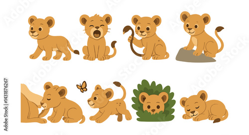 Playful lion cubs icon set: charming flat style animal designs for various applications. Vector icons