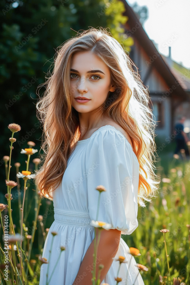 Beautiful Woman in a White Dress in a Field of Flowers