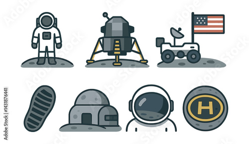 icons set of lunar exploration - spacesuits, moon rover, lander, flag, and more. Vector icons