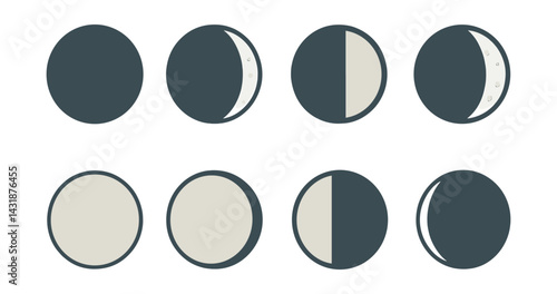 Lunar phases icon set: minimalistic design illustrating moon cycles. Vector icons