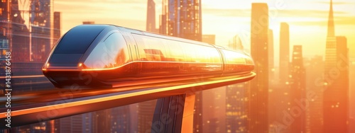 Futuristic train gliding through a cityscape at sunset, showcasing advanced transportation.
