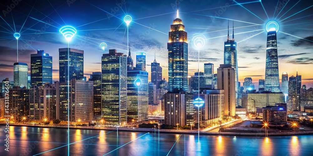 Fototapeta premium Smart City Chicago Nightscape: IoT Devices Over Skyline