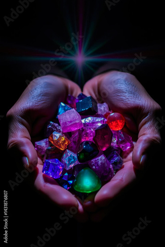 Obraz na płótnie Colorful Gemstones Held in Hands w salonie