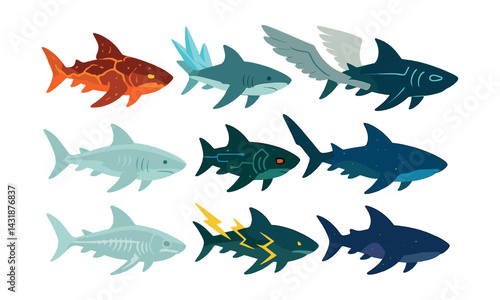 Fantasy shark icons: diverse magical creatures and their mystical attributes. Vector icons