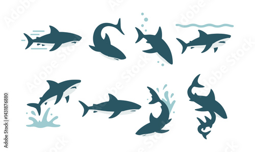 Dynamic shark icons set - oceanic graphics for marine-themed designs. Vector icons