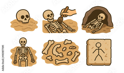 Ancient fossil discovery icon set: flat style skeleton and archaeology elements. Vector icons