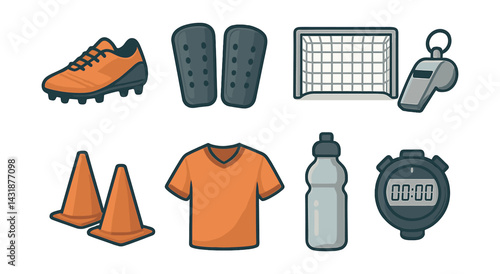 Comprehensive icons set: essential football gear. Vector icons