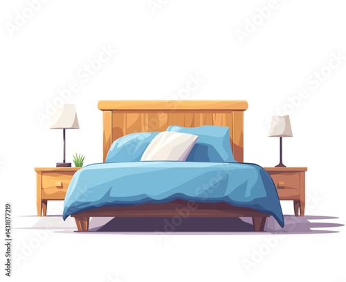 vector drawing of bed with blue blanket and bedside tables and lamps .Generative AI