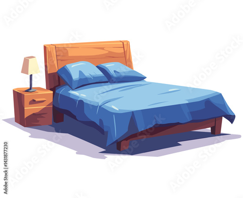 vector drawing of bed with blue blanket and bedside tables and lamps .Generative AI