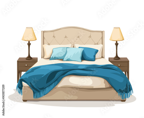 vector drawing of bed with blue blanket and bedside tables and lamps .Generative AI