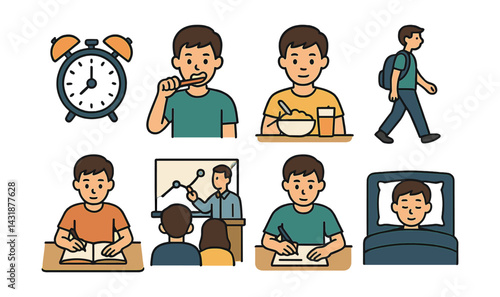 Daily student routine icon set: morning to night activities in flat style. Vector icons