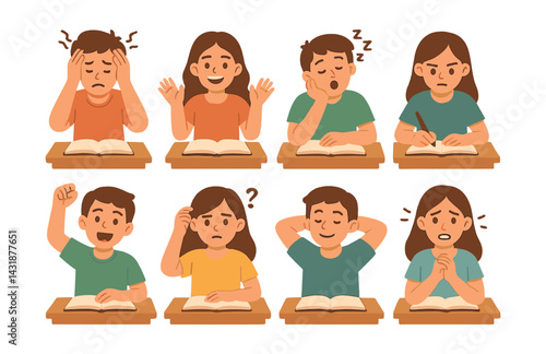 Student emotions icons set: illustrating various school-related feelings. Vector icons