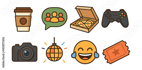 Student social icons set - coffee, pizza, gaming, camera, chat, disco, smile, ticket. Vector icons