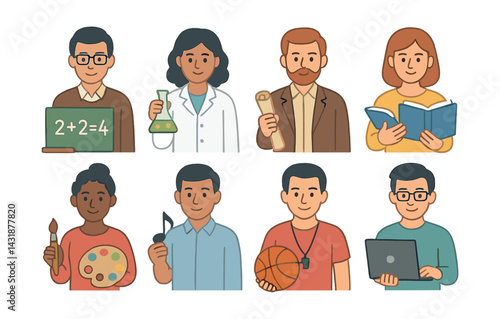 Diverse teacher and subject icon set – for educational projects. Vector icons