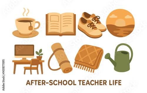 After-school teacher life: essential icons set for relaxation and productivity. Vector icons
