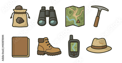 Essential fieldwork icons set: tools for exploration and adventure in . Vector icons
