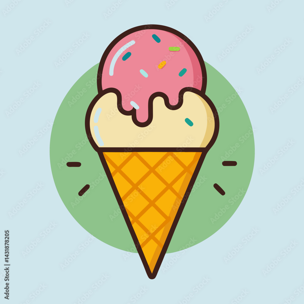 A delightful double-scoop ice cream cone, strawberry and vanilla, melting playfully with colorful sprinkles, a sweet summer treat in bold outlines against a pastel background. A delightful double-scoop ice cream cone, strawberry and vanilla, melting playfully with colorful sprinkles, a sweet summer treat in bold outlines against a pastel background.