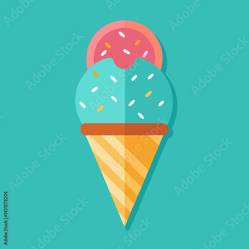 A delightful double scoop ice cream cone, topped with sprinkles and a pink cookie, a summer treat on a vibrant teal background.