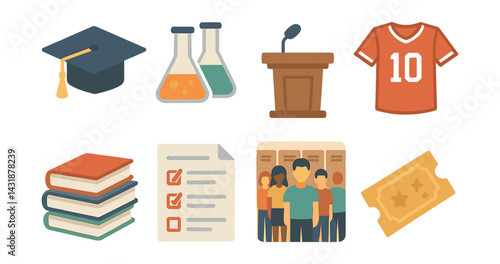 High school essentials icons set: education, science, sports, and more in flat style. Vector icons