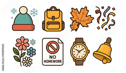 Seasons of school holidays: simple icons set for festive and academic themes. Vector icons