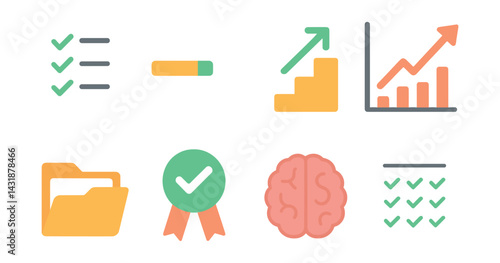 Learning progress icons set: tracking and achieving goals in education. Vector icons