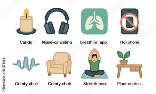 Essential study focus icons set: with relaxation and productivity elements. Vector icons