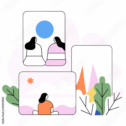 Serene moments: Women contemplating life's beauty under a soft blue sky, amidst colorful landscapes and peaceful clouds, in a minimalist frame.