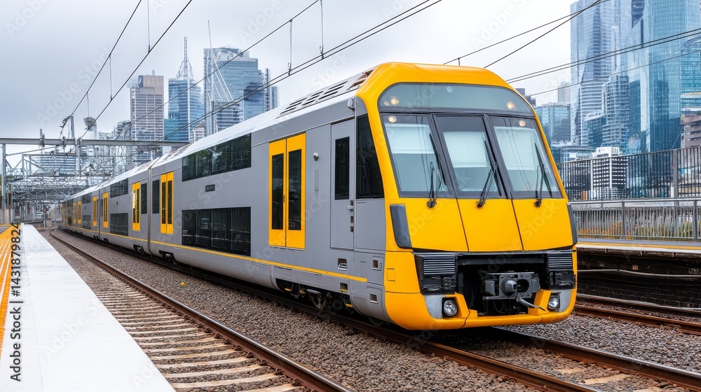 Fototapeta premium Sydney Australia NSW Train March Modern Transportation - A modern, sleek train travels through Sydney, Australia, symbolizing progress, efficiency, public transit, urban transport, and connectivity