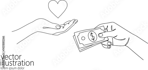 Hand offers money and heart symbol. Ideal charity donation investment concept or life balance working live. Minimalist line drawing white background vector illustration