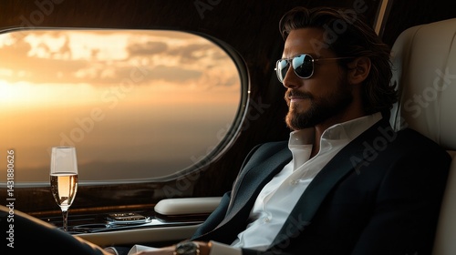 Billionaire lounging in a private jet with champagne